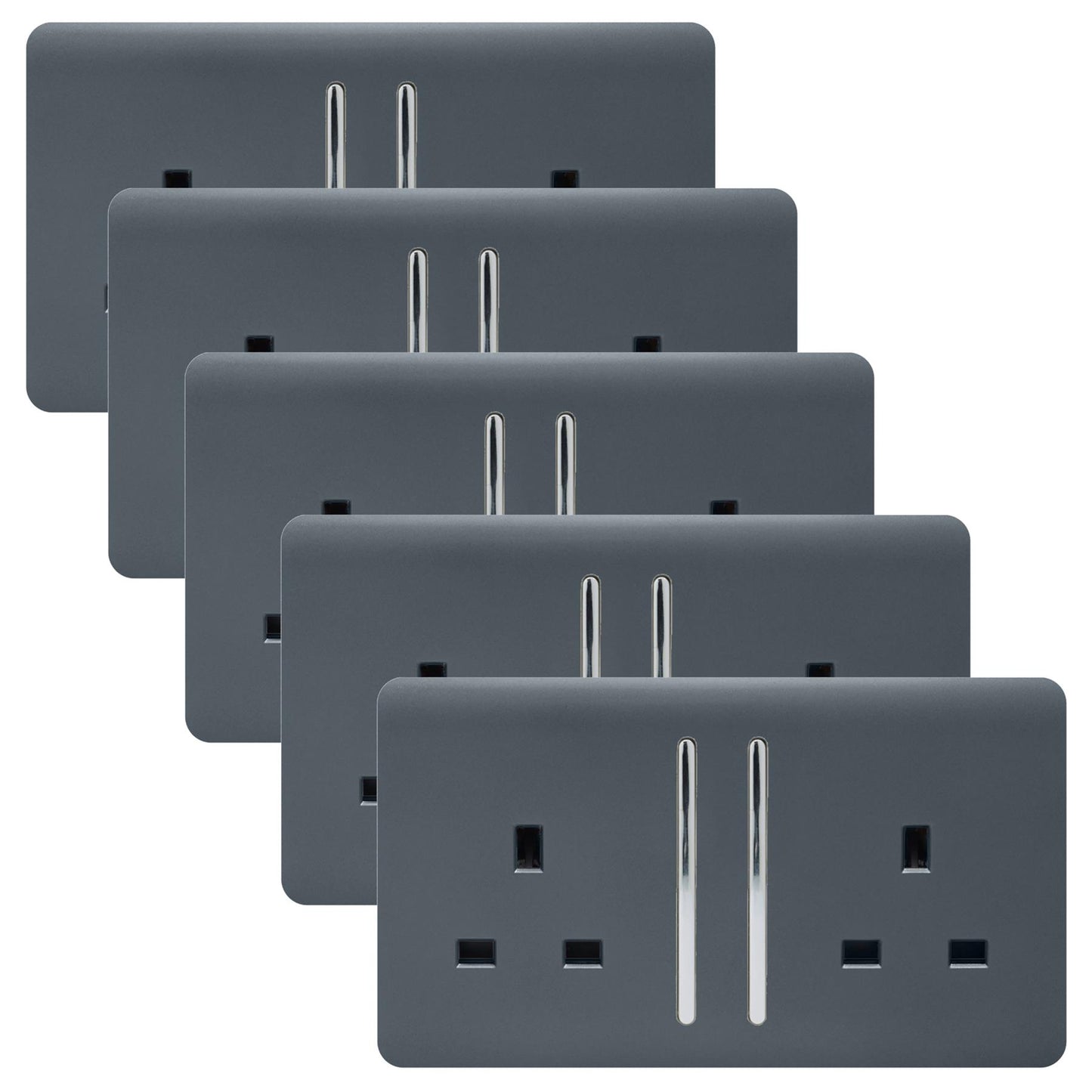 Trendi 2 Gang Artistic Modern Glossy 13 Amp Switched Tactile Plug Socket Warm Grey (5 Pack)