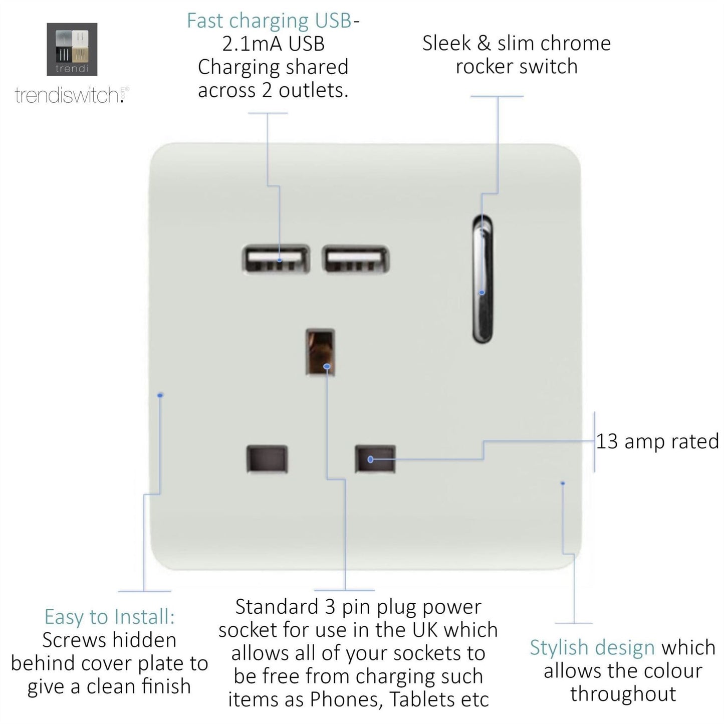 Trendi 1 Gang Artistic Modern Glossy 13 Amp 2 x 2.1mA USB Switched Tactile Plug Socket Ice White