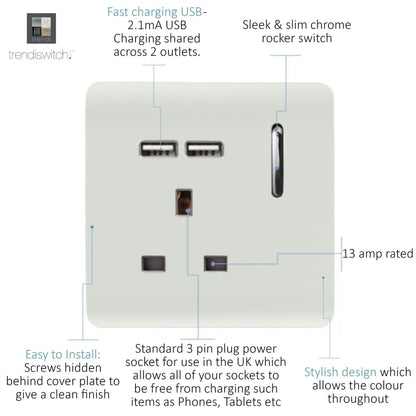 Trendi 1 Gang Artistic Modern Glossy 13 Amp 2 x 2.1mA USB Switched Tactile Plug Socket Ice White