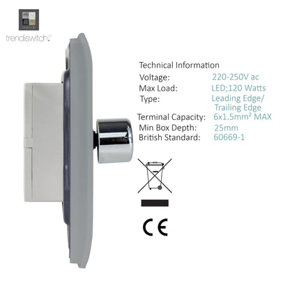 Trendi 1 Gang 2 Way 240V 100w LED Dimmer Screwless Raised Front Plate Plastic Artistic Modern Glossy 10 Amp Chrome Single Electrical Wall Light Switch in Brushed Steel - ART-LDMBS