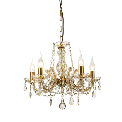 Deco Gabrielle Chandelier with Glass Sconce & Glass Crystal Droplets 5 Light E14 Polished Brass Finish