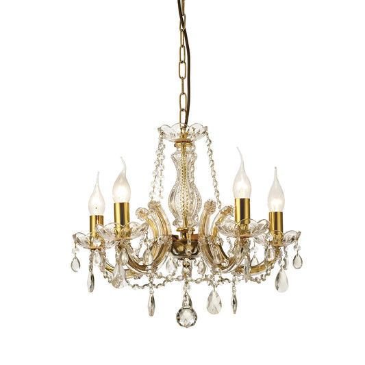 Deco Gabrielle Chandelier with Glass Sconce & Glass Crystal Droplets 5 Light E14 Polished Brass Finish