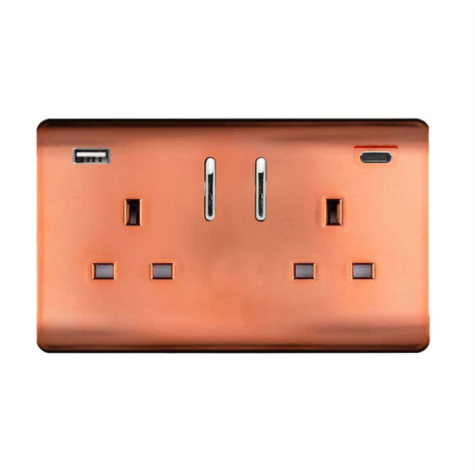 Trendi 2 Gang Artistic Modern Glossy 13 Amp 2 x Type A & C 3100 mA USB Switched Plug Socket Copper