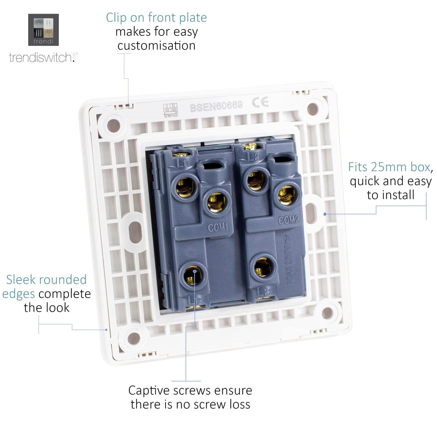Trendi 2 Gang 2 Way Rocker Double Plate Tactile Light Switch Matt White - ART-SS4MWH