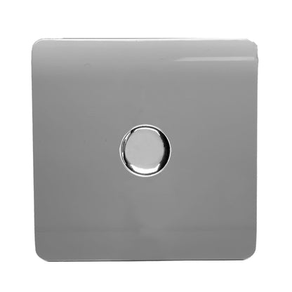 Trendi 1 Gang 2 Way 240V 100w LED Dimmer Screwless Raised Front Plate Plastic Artistic Modern Glossy 10 Amp Chrome Single Electrical Wall Light Switch in Light Grey - ART-LDMLG
