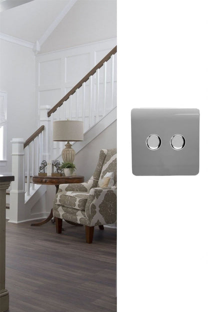 Trendi 2 Gang 2 Way 240V 100w LED Dimmer Screwless Raised Front Plate Plastic Artistic Modern Glossy 10 Amp Chrome Single Electrical Wall Light Switch in Light Grey - ART-2LDMLG