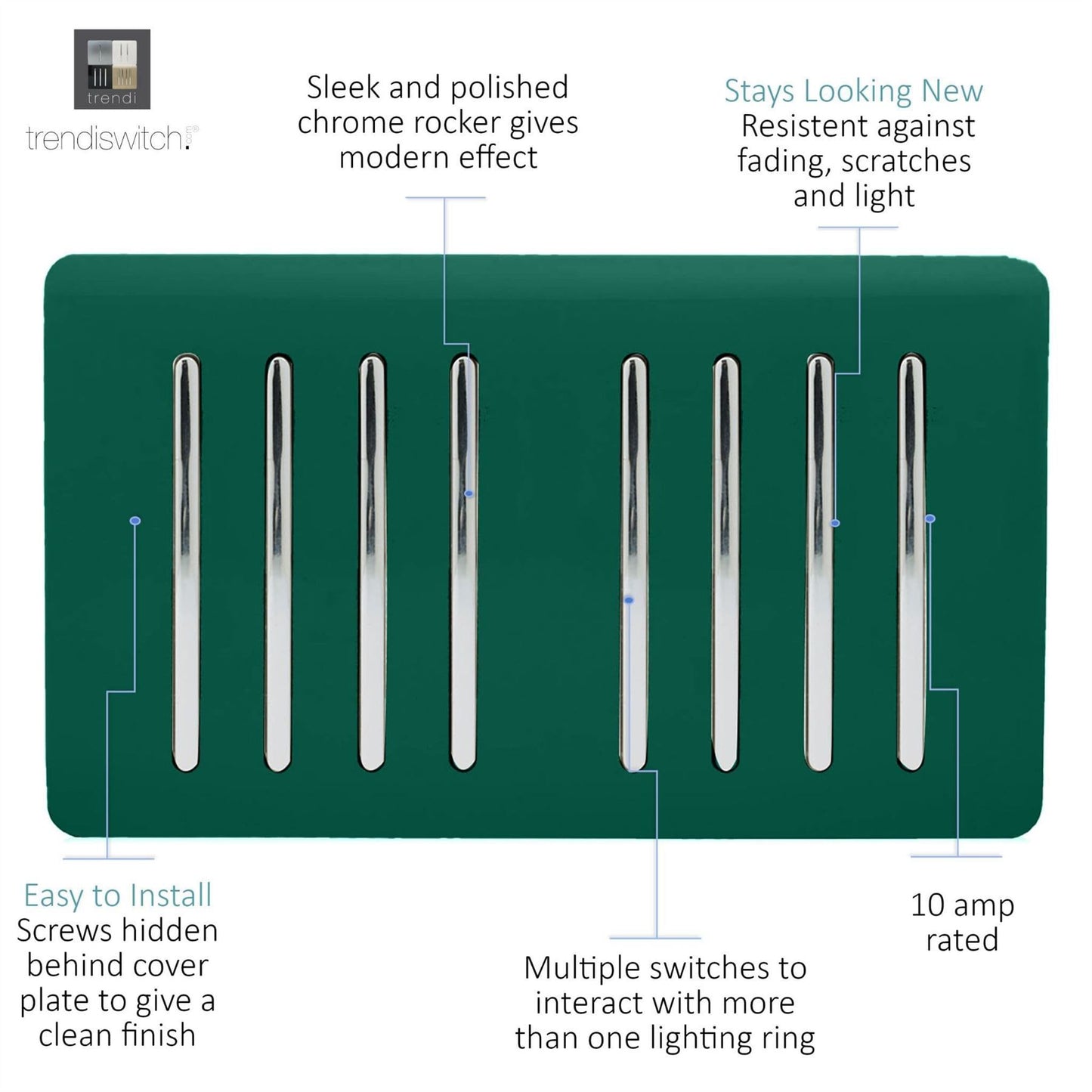 Trendi Artistic Modern Glossy 8 Gang 2 Way Rocker  Double Plate Tactile Light Switch Dark Green