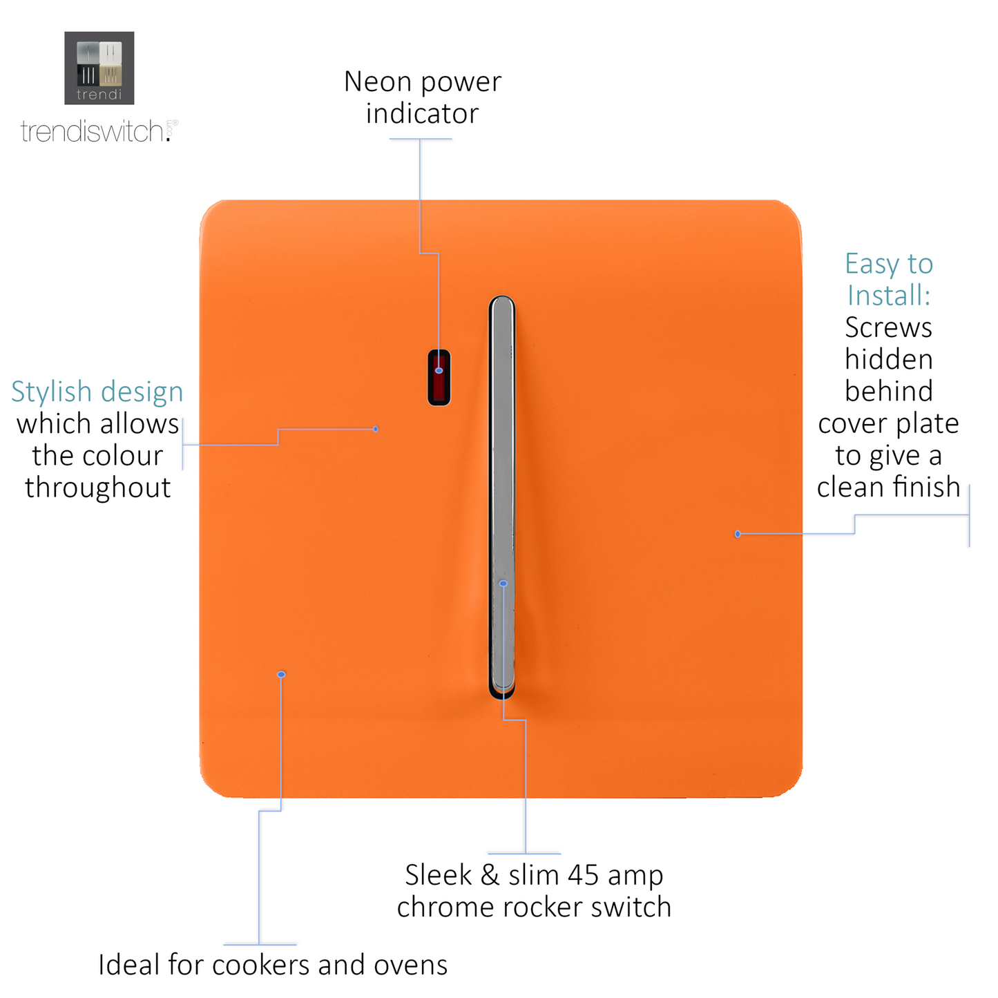 Trendi Artistic Modern Glossy 45 A Tactile Light Switch & Neon Insert Orange