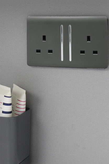 Trendi 2 Gang Artistic Modern Glossy 13 Amp Switched Tactile Plug Socket Charcoal (7 Pack)