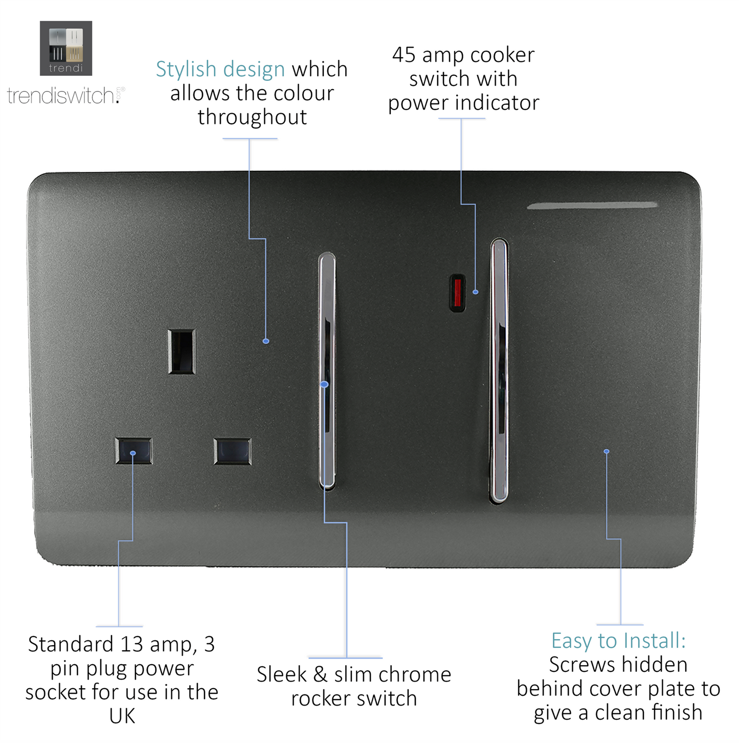 Trendi Artistic Modern Glossy 45 A Cooker Switch & Plug Socket Inc Neon Insert Charcoal