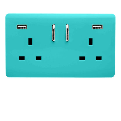 Trendi 2 Gang Artistic Modern Glossy 13 Amp 2 x 3.1mA USB Switched Plug Socket Bright Teal