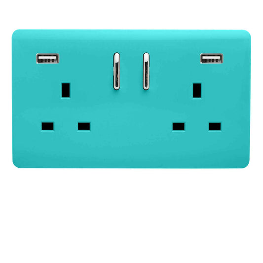 Trendi 2 Gang Artistic Modern Glossy 13 Amp 2 x 3.1mA USB Switched Plug Socket Bright Teal