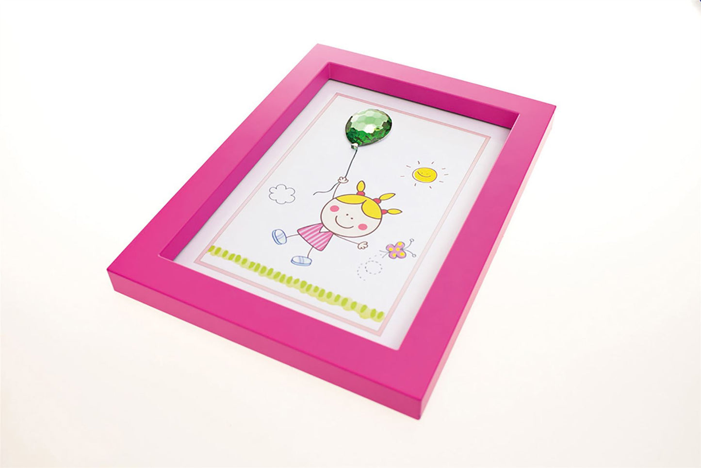 Diyas Home Crystal Wall Art (DH) Bambino Girl with Balloon, Pink Frame Green Crystal Framed