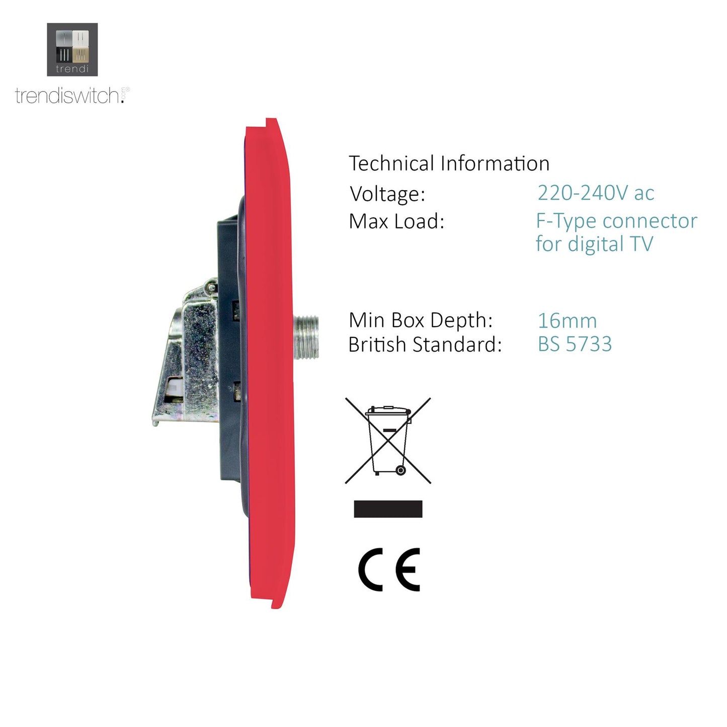 Trendi Switch Strawberry Red TV Coaxial & F-Type Satellite Socket - Screwless