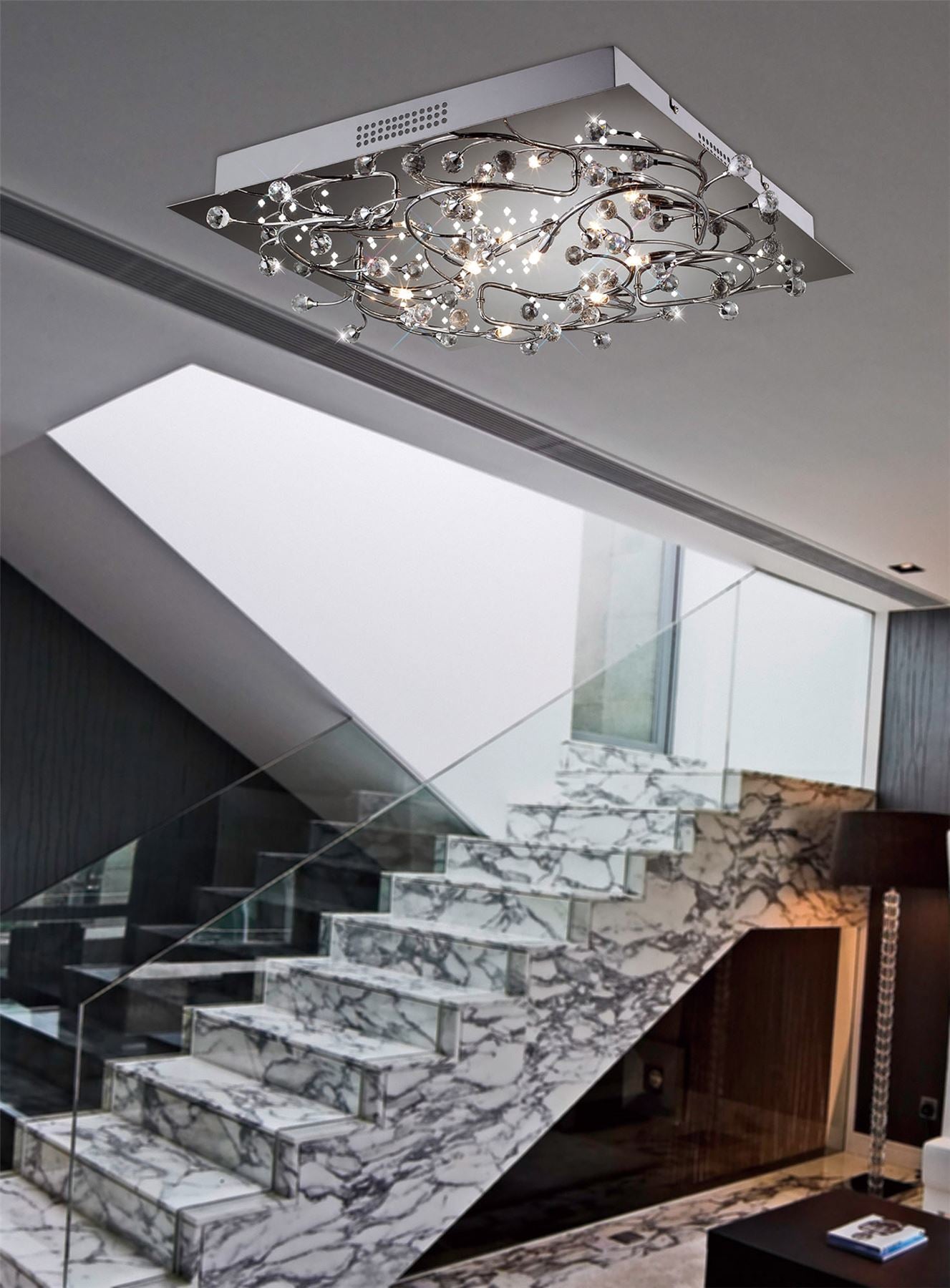 Diyas Fia Flush  Square 6 Light G4 with White LEDs Polished Chrome/Crystal, NOT LED/CFL Compatible Ceiling Light Fitting