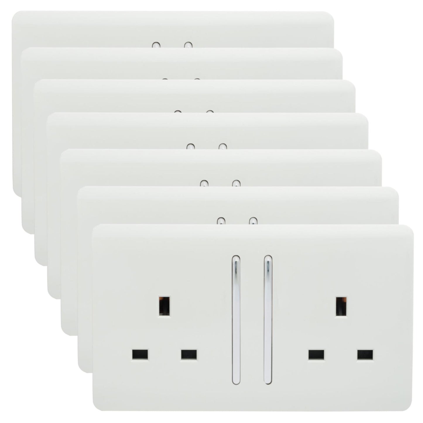 Trendi 2 Gang Artistic Modern Glossy 13 Amp Switched Plug Socket Ice White (7 Pack)