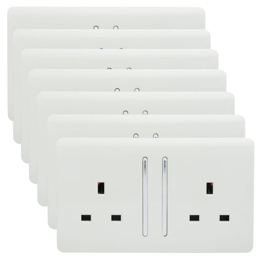 Trendi 2 Gang Artistic Modern Glossy 13 Amp Switched Plug Socket Ice White (7 Pack)