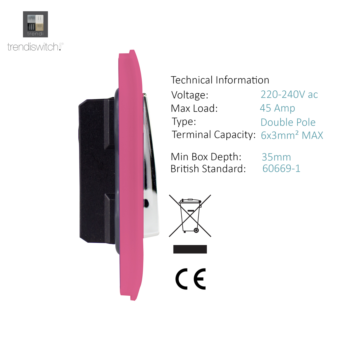 Trendi Artistic Modern Glossy 45 A Tactile Light Switch & Neon Insert Pink