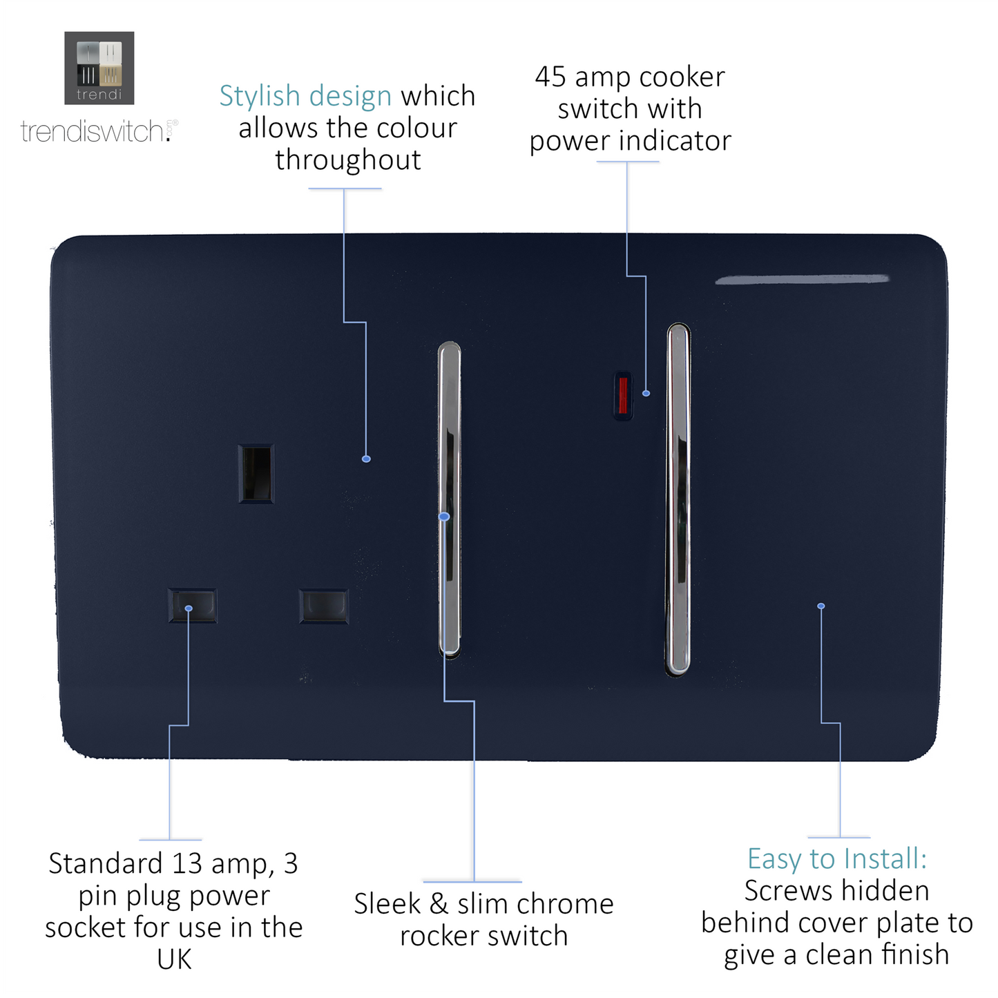 Trendi Artistic Modern Glossy 45 A Cooker Switch & Plug Socket Inc Neon Insert Navy
