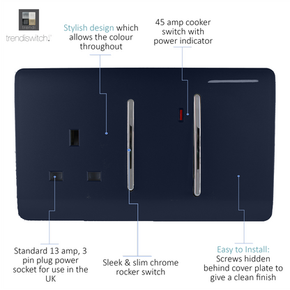 Trendi Artistic Modern Glossy 45 A Cooker Switch & Plug Socket Inc Neon Insert Navy
