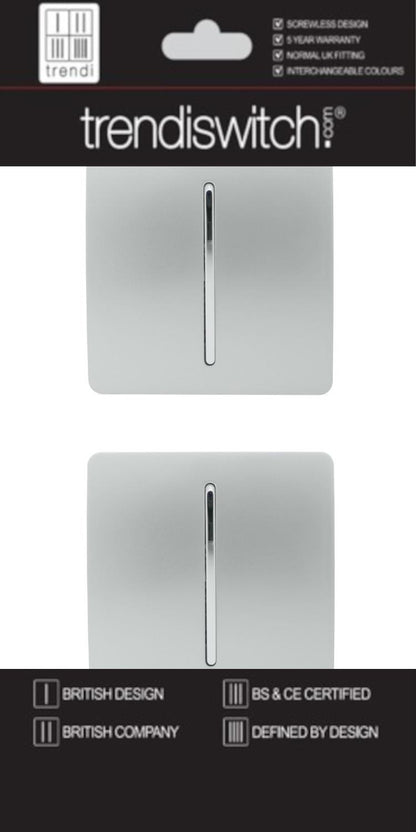 Trendi 1 Gang 2 Way 240V Screwless Artistic Modern Glossy 10 Amp Chrome Rocker Electrical Wall Light Switch in Platinum Silver (2 pack)