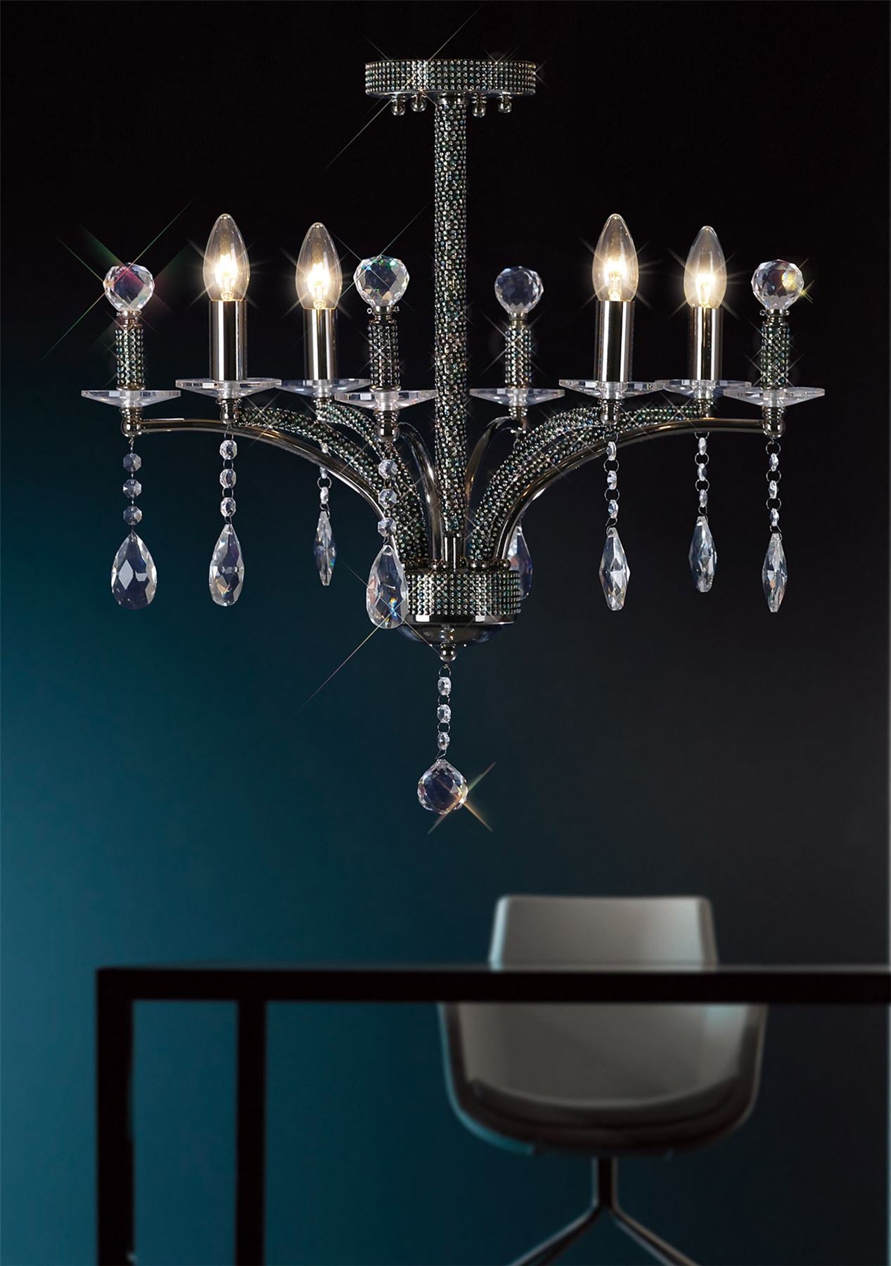 Diyas Fiore 53cm  4 Light E14 Black Chrome/Crystal Ceiling Pendant Light Fitting