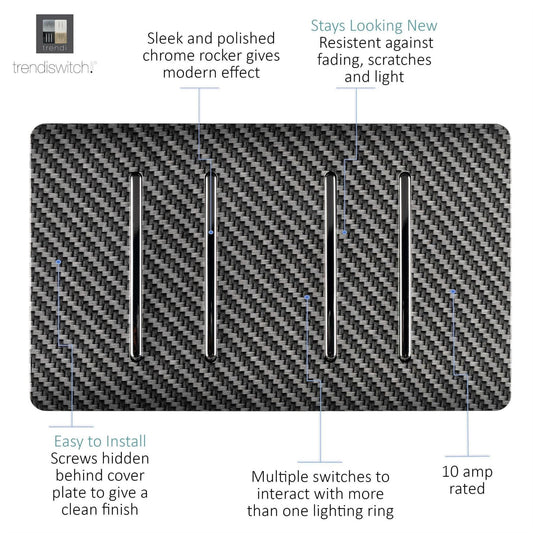 Trendi Switch 4 Gang Modern Designer Light Switch (2x 1 or 2 Way & 2 x Intermediate) in Carbon Fibre