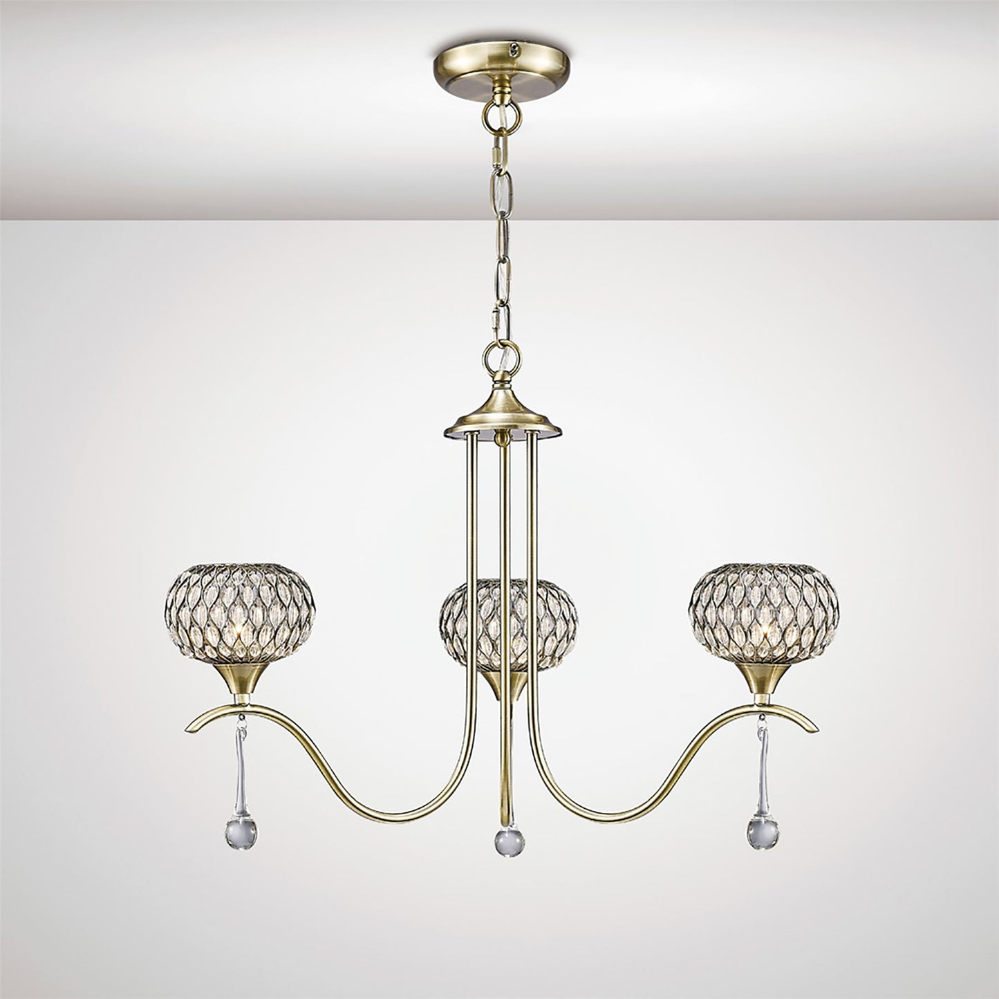 Diyas Chelsie 56cm  3 Light G9 Antique Brass/Clear Beaded Glass Ceiling Pendant Light Fitting