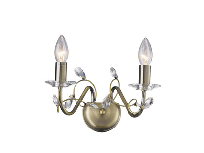 Diyas Willow Wall Light WITHOUT SHADE 2 Light E14 Antique Brass/Crystal