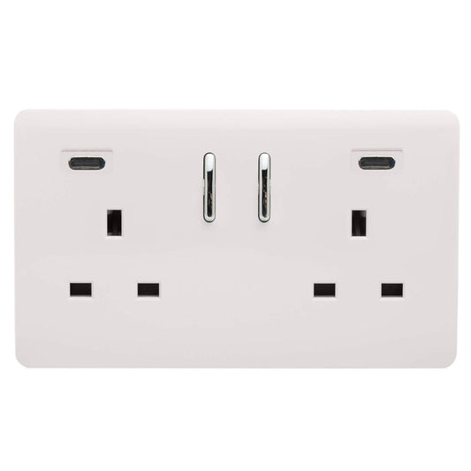 Ice White Screwless 2 Gang Switched Double Socket 13A With 2 x USB-C 65W (Shared), (35mm Back Box Req.), 10yrs Warranty