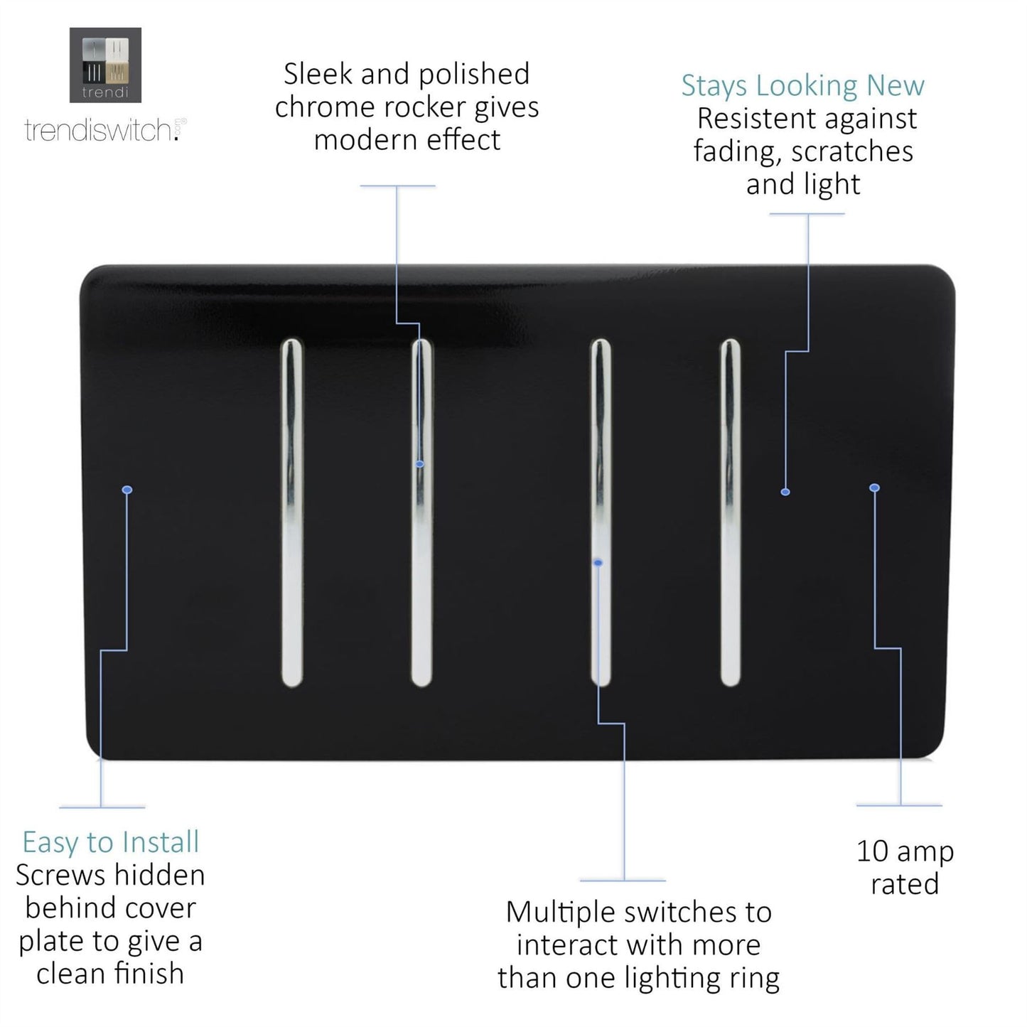 Trendi  4 Gang 2 Way Rocker Double Plate Light Switch in Black - ART-SS44BK