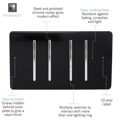 Trendi  4 Gang 2 Way Rocker Double Plate Light Switch in Black - ART-SS44BK