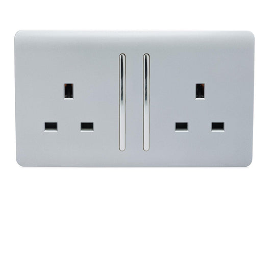 Trendi 2 Gang Artistic Modern Glossy 13 Amp Switched Plug Socket Silver (7 Pack)