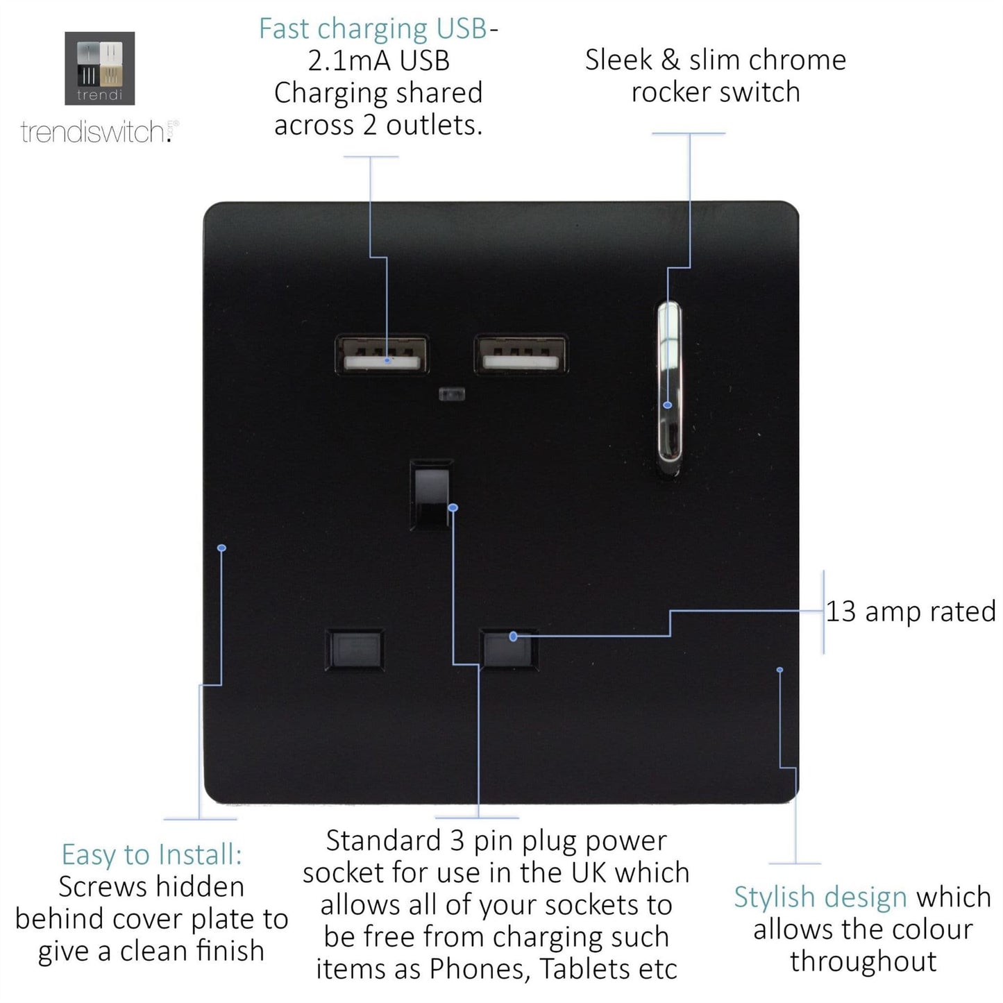 Trendi 1 Gang 13 Amp 4 x 2.1mA USB Switched Plug Socket Soft Touch Matt Black ART-SKT13USBMBK