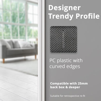 Trendi 1 Gang 2 Way 240V Screwless Artistic Modern Glossy 10 Amp Chrome Rocker Electrical Wall Light Switch in Carbon Fibre (3 pack)