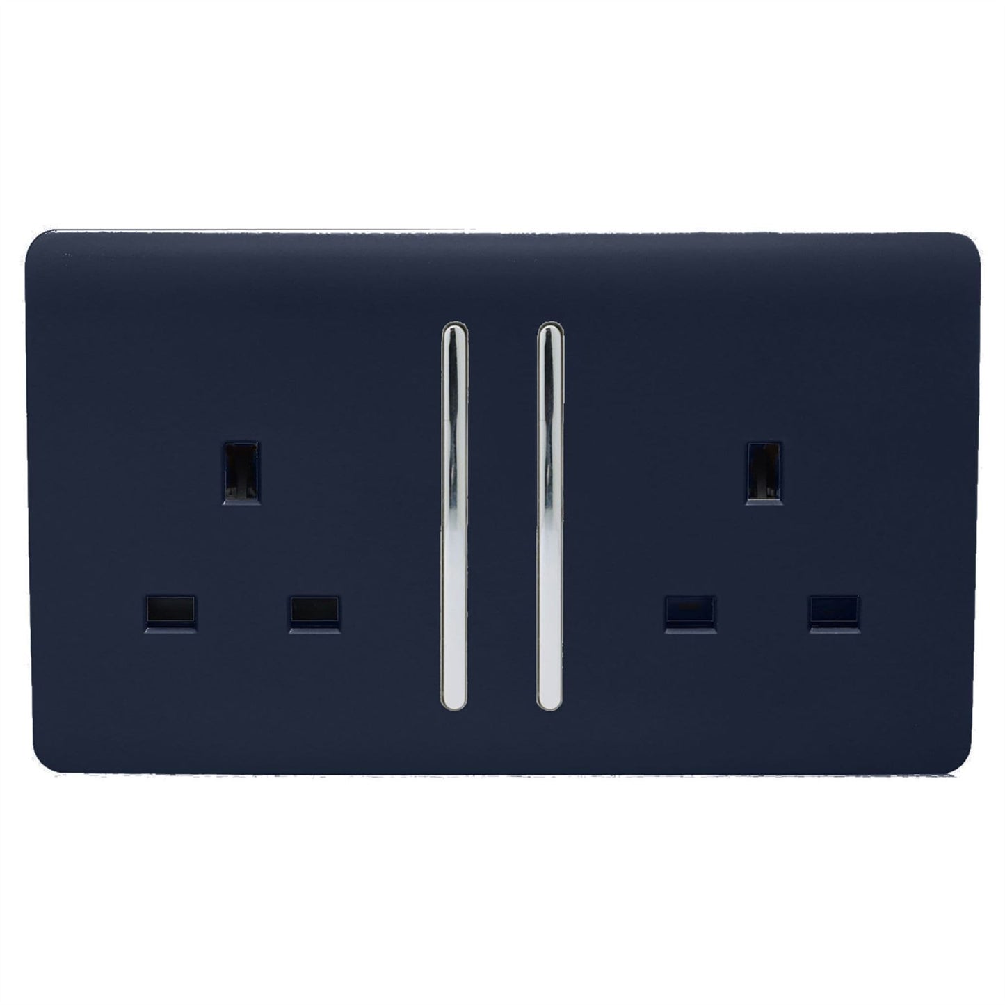 Trendi 2 Gang Raised Artistic Modern Glossy Screwless 13 Amp Single Pole with Chrome Switched UK Standard Electrical Double Wall Plug Socket in Navy Blue - ART-SKT213LNV