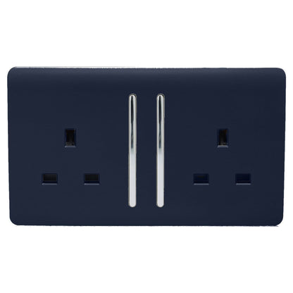 Trendi 2 Gang Raised Artistic Modern Glossy Screwless 13 Amp Single Pole with Chrome Switched UK Standard Electrical Double Wall Plug Socket in Navy Blue - ART-SKT213LNV