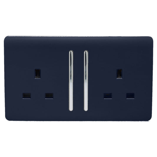 Trendi 2 Gang Raised Artistic Modern Glossy Screwless 13 Amp Single Pole with Chrome Switched UK Standard Electrical Double Wall Plug Socket in Navy Blue - ART-SKT213LNV
