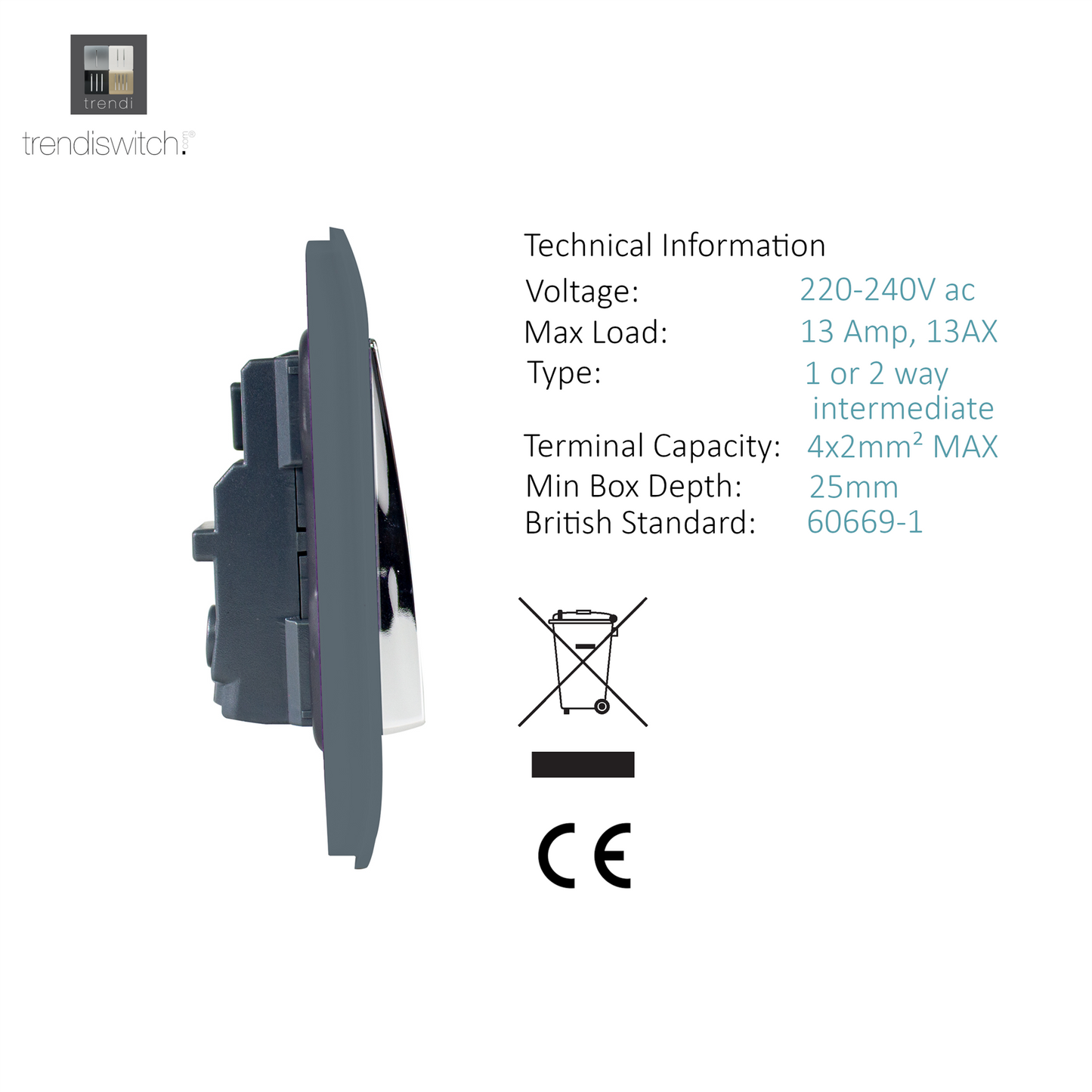 Trendi 2 Gang Artistic Modern Glossy 13 Amp Switched  Plug Socket Warm Grey (3 Pack)