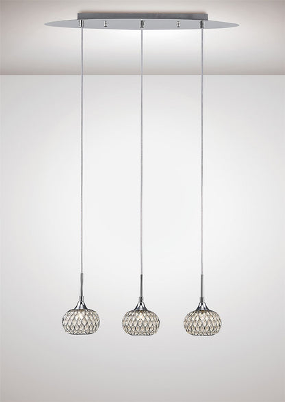 Diyas Chelsie Linear  3 Light G9 Line Polished Chrome/Clear Beaded Glass Ceiling Pendant Light Fitting