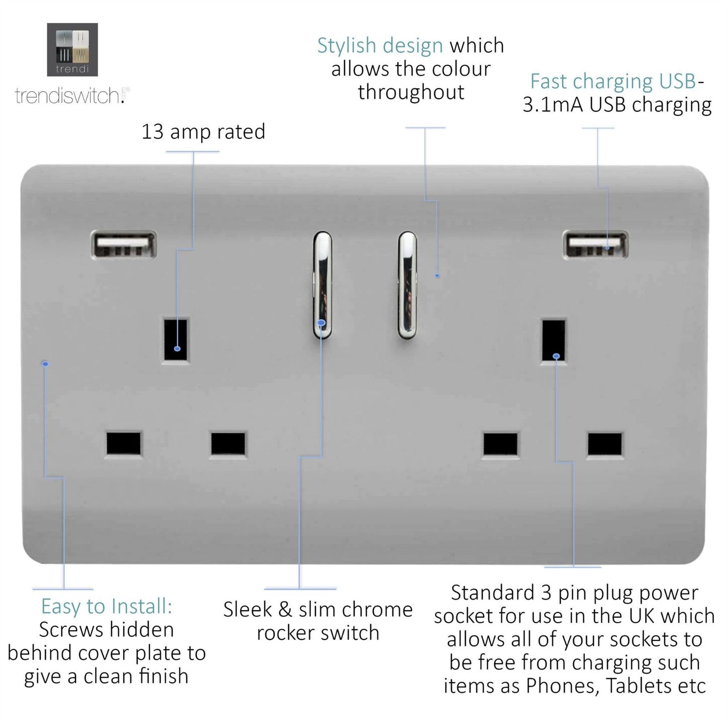 Trendi 2 Gang Artistic Modern Glossy 13 Amp 2 x 3.1mA USB Switched Plug Socket Steel