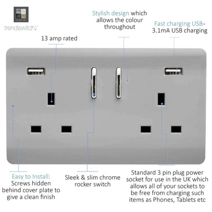 Trendi 2 Gang Artistic Modern Glossy 13 Amp 2 x 3.1mA USB Switched Plug Socket Steel
