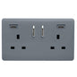 Warm Grey Screwless 2 Gang Switched Double Socket 13A With 2 x USB-C 65W (Shared), (35mm Back Box Req.), 10yrs Warranty