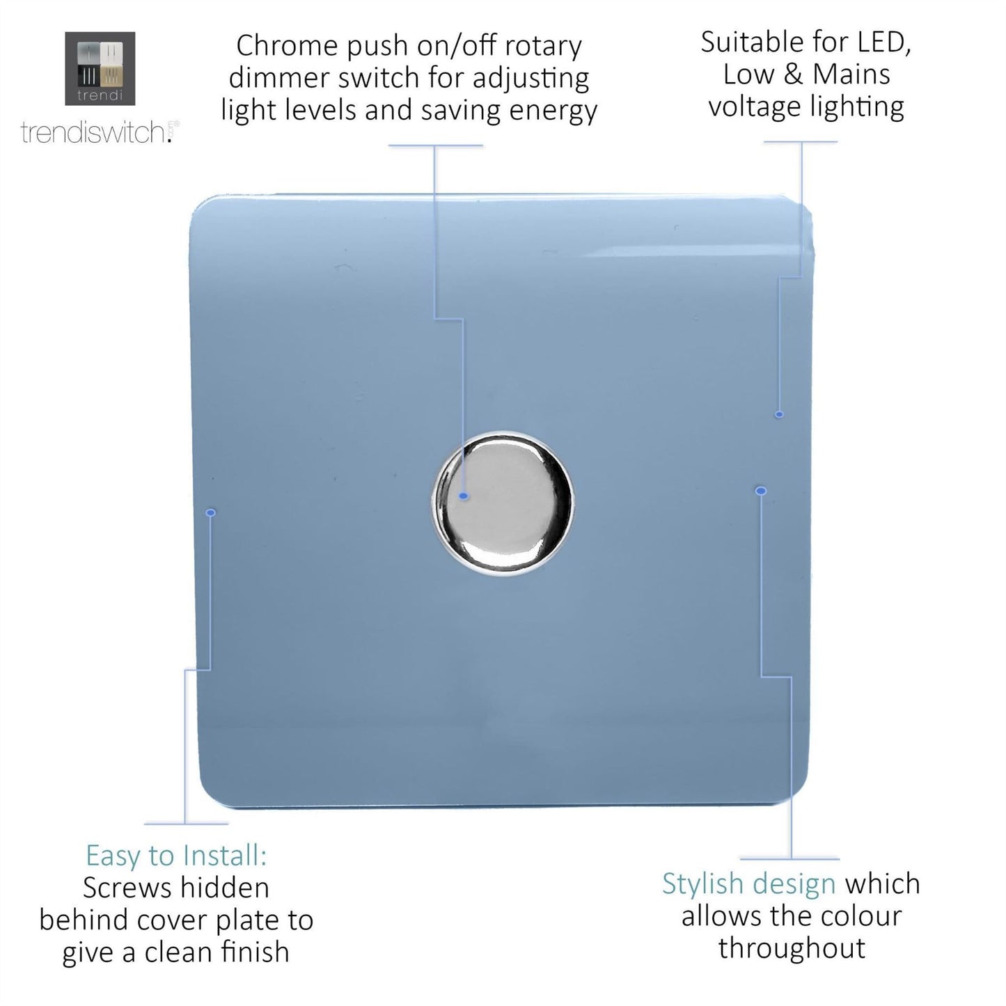 Trendi 1 Gang 2 Way 240V 100w LED Dimmer Screwless Raised Front Plate Plastic Artistic Modern Glossy 10 Amp Chrome Single Electrical Wall Light Switch in Sky - ART-LDMSK