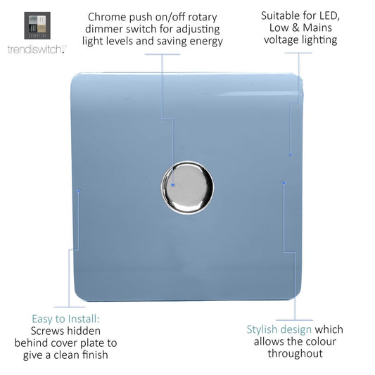Trendi 1 Gang 2 Way 240V 100w LED Dimmer Screwless Raised Front Plate Plastic Artistic Modern Glossy 10 Amp Chrome Single Electrical Wall Light Switch in Sky - ART-LDMSK