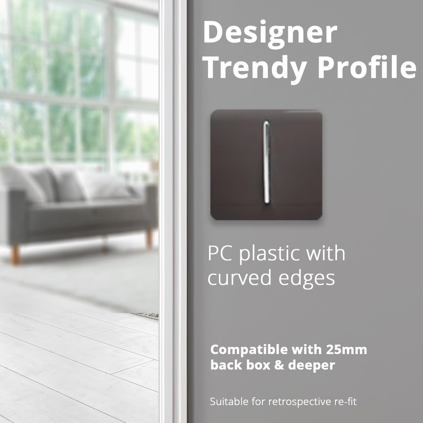 Trendi 1 Gang 2 Way 240V Screwless Raised Front Plate Plastic Artistic Modern Glossy 10 Amp Chrome Rocker Single Electrical Wall Light Switch in Dark Mocha Brown