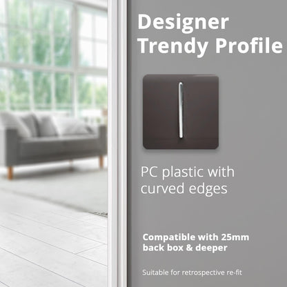 Trendi 1 Gang 2 Way 240V Screwless Raised Front Plate Plastic Artistic Modern Glossy 10 Amp Chrome Rocker Single Electrical Wall Light Switch in Dark Mocha Brown