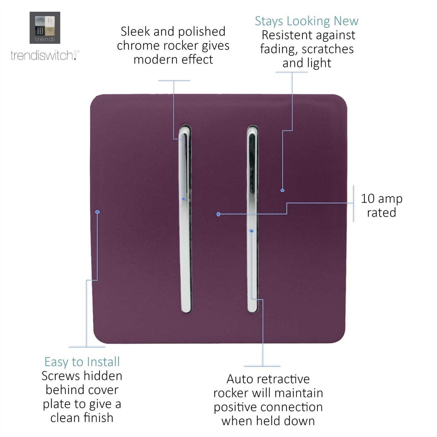 Trendi 2 Gang Artistic Modern Glossy Tactile Home Automation Switch Plum