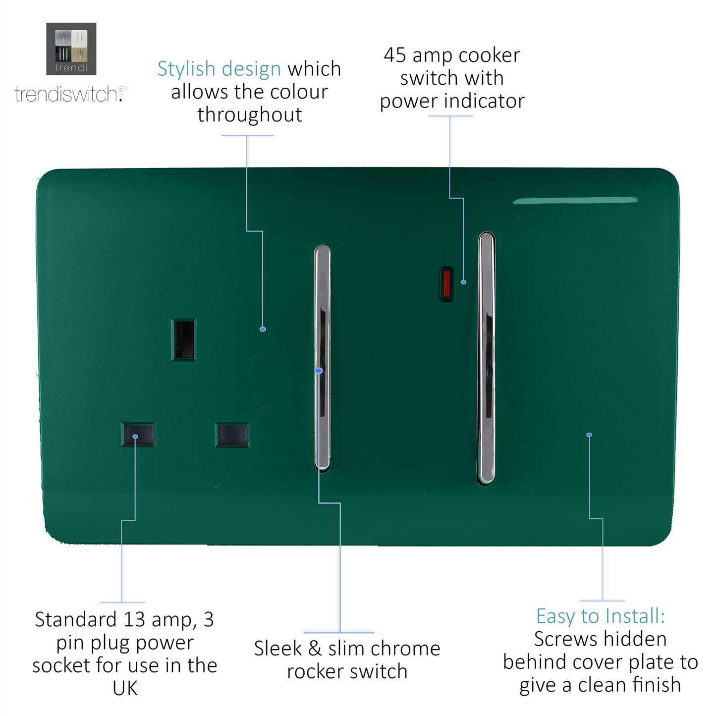 Trendi Artistic Modern Glossy 45 A Cooker Switch & Plug Socket Inc Neon Insert Dark Green
