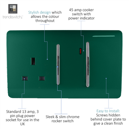 Trendi Artistic Modern Glossy 45 A Cooker Switch & Plug Socket Inc Neon Insert Dark Green